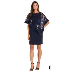 R&M Collection Navy Blue Sequin Overlay Sheath Dress Women Size 12